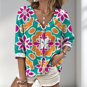 Colorful Boho Button Down Blouse Geometric Print Summer Top L